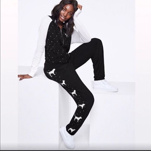 Vs pink black & white all over bling & dog logo sweatsuit jacket/hoodie + jogger - Picture 1 of 16